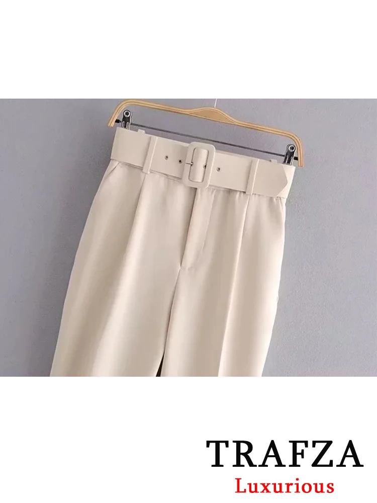 TRAFZA Office Lady Beige Women Suits Long Sleeve V Neck Oversized Blazer+High Waist Wide Leg Pants Fashion 2024 Vintage Sets