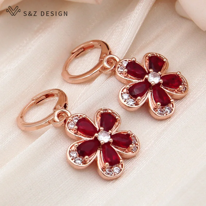 S&Z DESIGN New Fashion Cubic Zirconia Red Flowers Dangle Earrings Jewelry Sets For Women 585 Rose Gold Color Pendant Necklace
