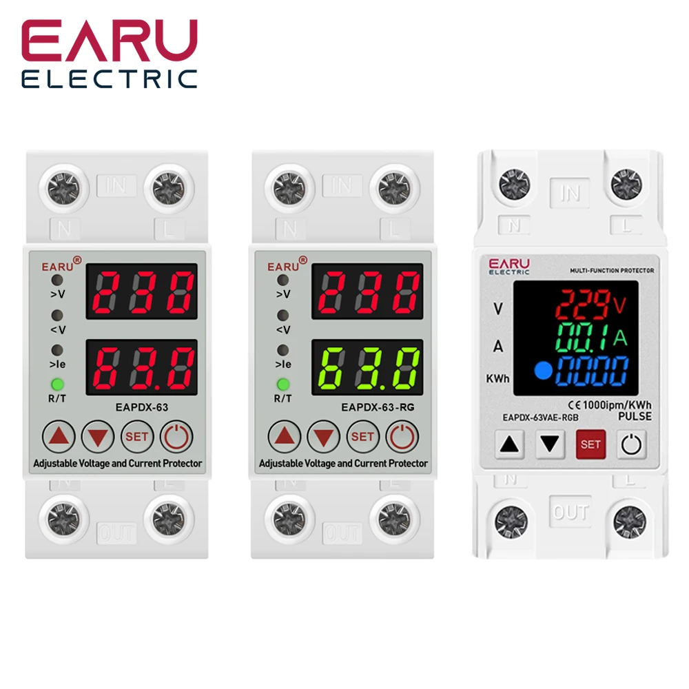 AC 40A 63A 230V Din Rail Adjustable Over Voltage Under Voltage Protective Device Protector Relay Over Current Protection Limit