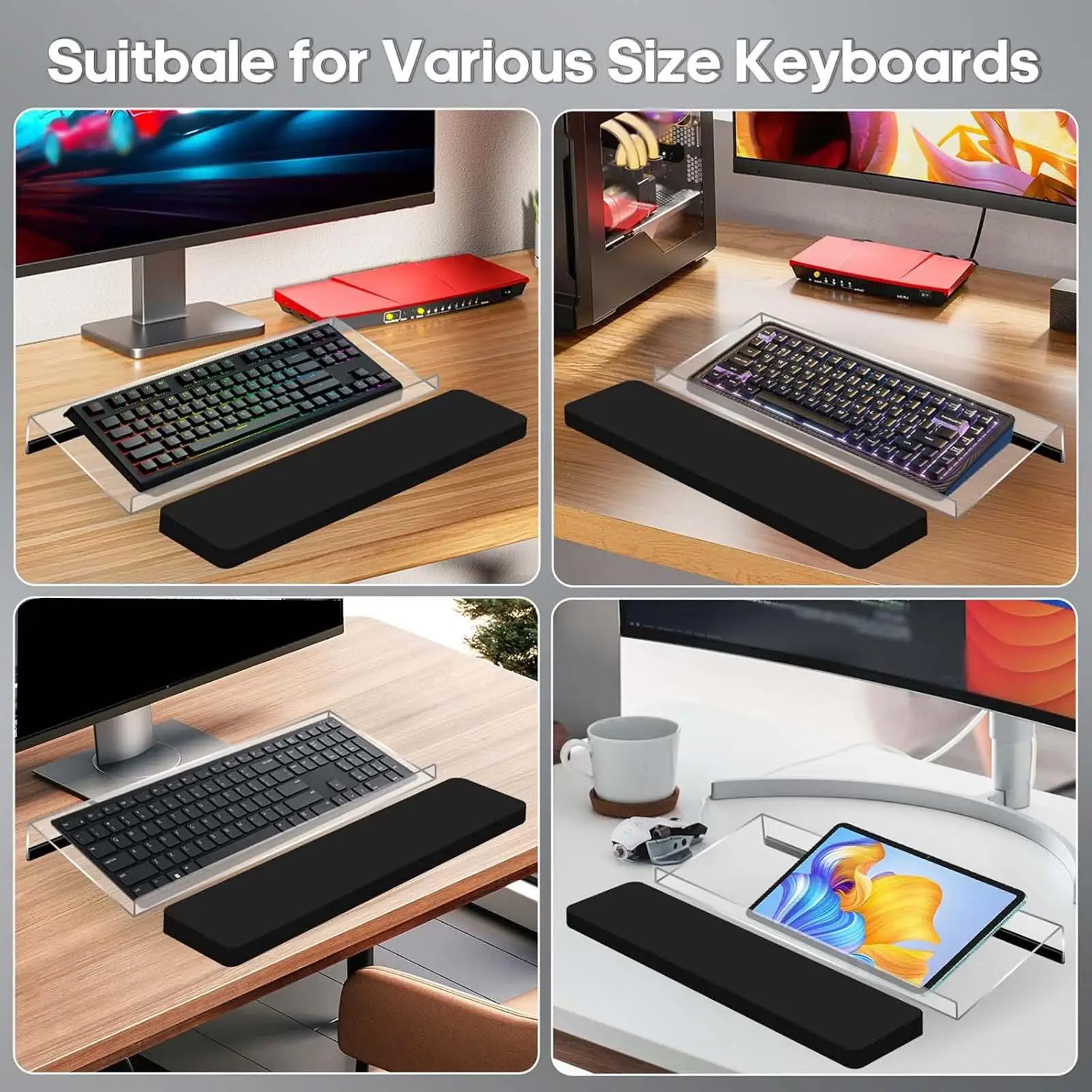 컴퓨터 키보드 스탠드 및 손목 받침대, 아크릴 키보드 라이저 책상, 회사 직원을 위한 편안한 타이핑 틸트 키보드 홀더