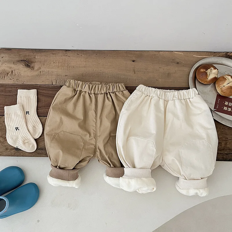 

2023 Winter New Baby Fleece Trousers Solid Kids Boy Warm Harem Pants Plus Velvet Thick Infant Girl Casual Pants Toddler Clothes