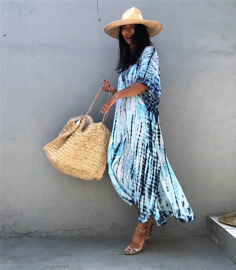 Fashion Casual Striped Print Long Dresses Women Bohemian V-neck Bat Sleeve Loose Slit Beach Dress Summer New Beachwear Vestidos 142 Fashion Casual Striped Print Long Dresses Women Bohemian V-neck Bat Sleeve Loose Slit Beach Dress Summer New Beachwear Vestidos