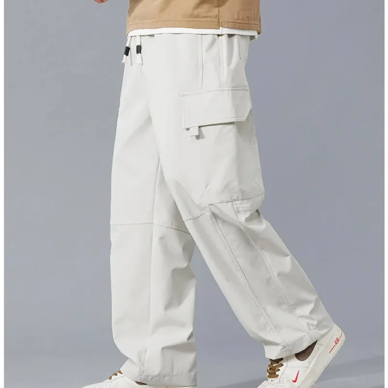 

Spring Autumn Solid Color Men's High Waisted Pockets Elastic Clothing Cargo Sweatpants Straight Trousers Preppy Style Pants