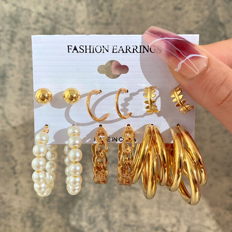 New Gold Color Big Circle Hoop Earring Set for Women Fashion Bohemia Vintage Pearl Earring Heart Zircon Ear Studs Jewelry Gifts