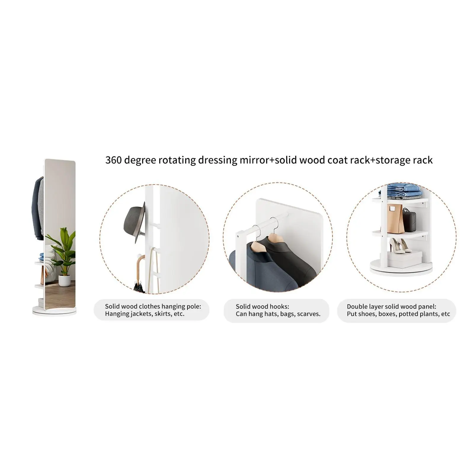 Multifunctional Rotating Full Body Mirror Storage Rack Solid Wood Standing Coat Rack Mirror for Bedroom Living Room Home Gym