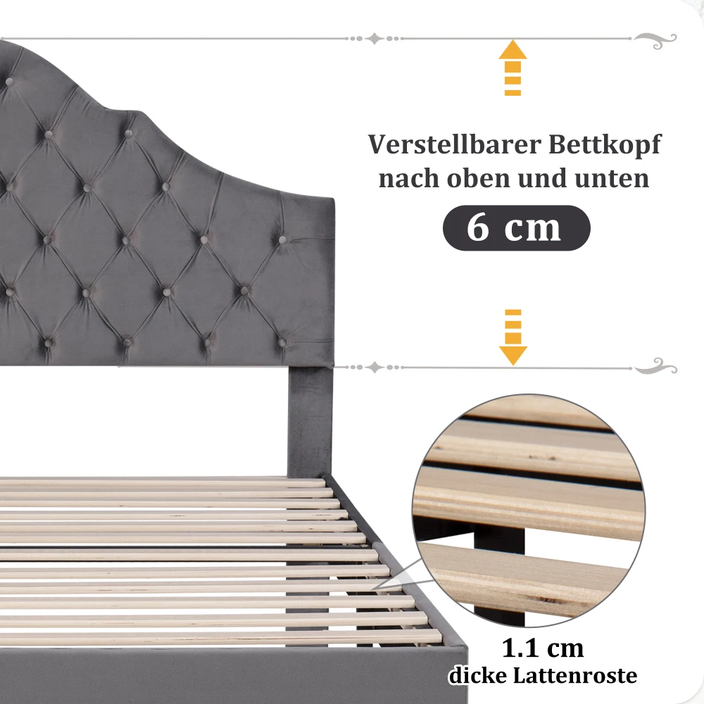 Luxuriöses Samt-Polsterbett 140 x 200 cm – höhenverstellbares Kopfteil mit Lattenrost, einfache Montage, ergonomisches Bett für Erwachsene – Detail 12