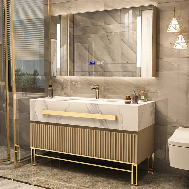 ตู้ห้องน้ำแบบลอยตัวทันสมัย ทำจากไม้โอ๊ค พร้อมอ่างล้างหน้าเซรามิกแบบคู่ กระจกอัจฉริยะ ตู้เก็บของในห้องน้ำพร้อมราวแขวนผ้า 1