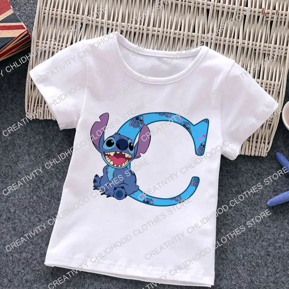 Nueva camiseta con letras ABCD de Stitch para niños, camisetas con combinación de nombres, camisetas de dibujos animados Kawaii, ropa informal para niños y niñas, camisetas Harajuku para niños y niñas