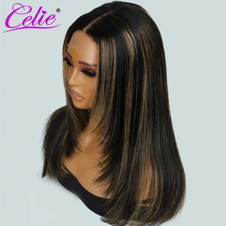 Celie Highlight Straight Wig With Layered Cut Pre Bleached Human Hair Wigs 200 Density Wear&Go Glueless 6x5 HD Lace Closure Wig