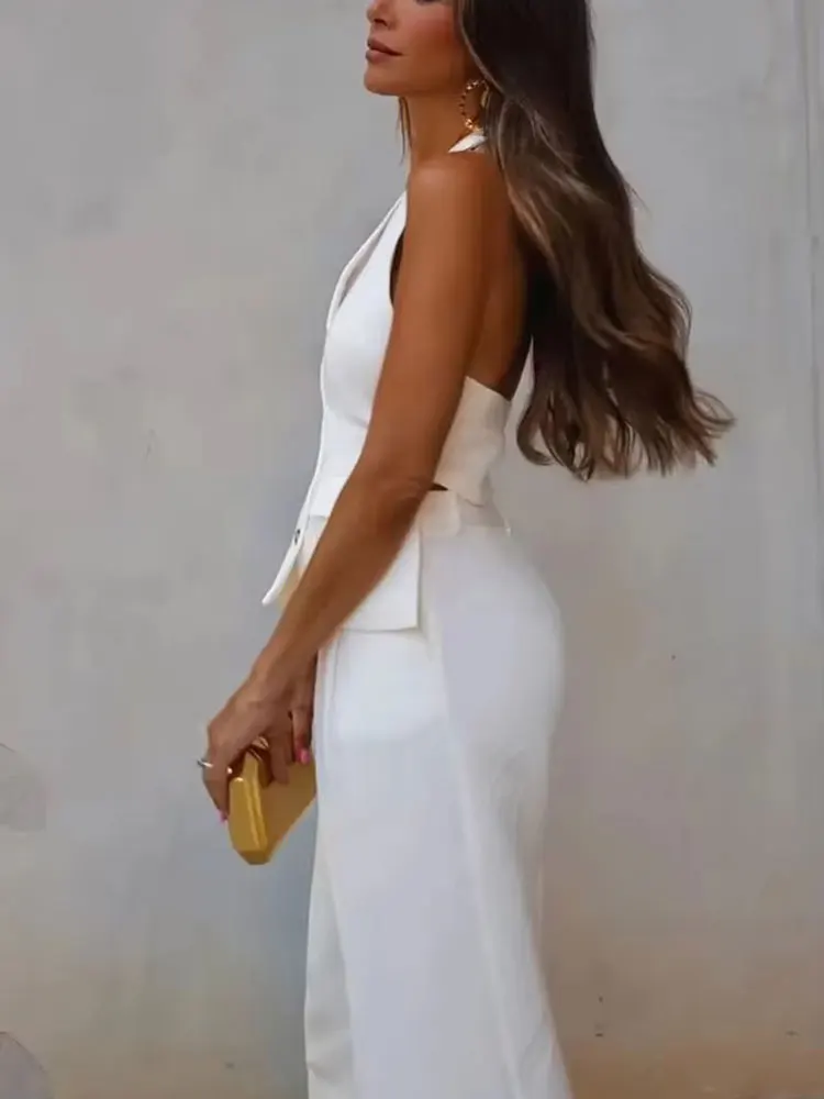 HH Pant Sets For Women Fashion Backless Button Halter Crop Vest Top Straight Pants Trousers Elegant White Suit Streetwear