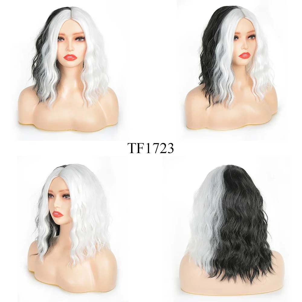 Cruella Deville Cosplay Wig Half Black Half White Short Wavy Curly Heat Resistant Hair Synthetic Bob Afro Wigs for Women