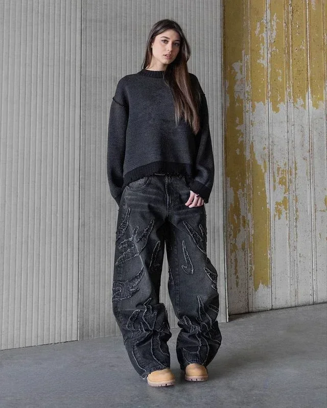 90s Streetwear Retro Hip Op Flame Embroidery Loose High Waisted Men Jeans Female Y2K New Harajuku Gothic Wide Leg Pants 6