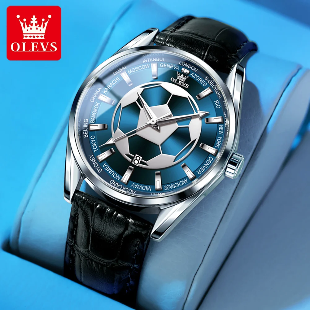 

OLEVS Brand Fashion Football Dial Design Blue Quartz Watch for Men Luxury Leather Strap Waterproof Luminous Date Mens Watches