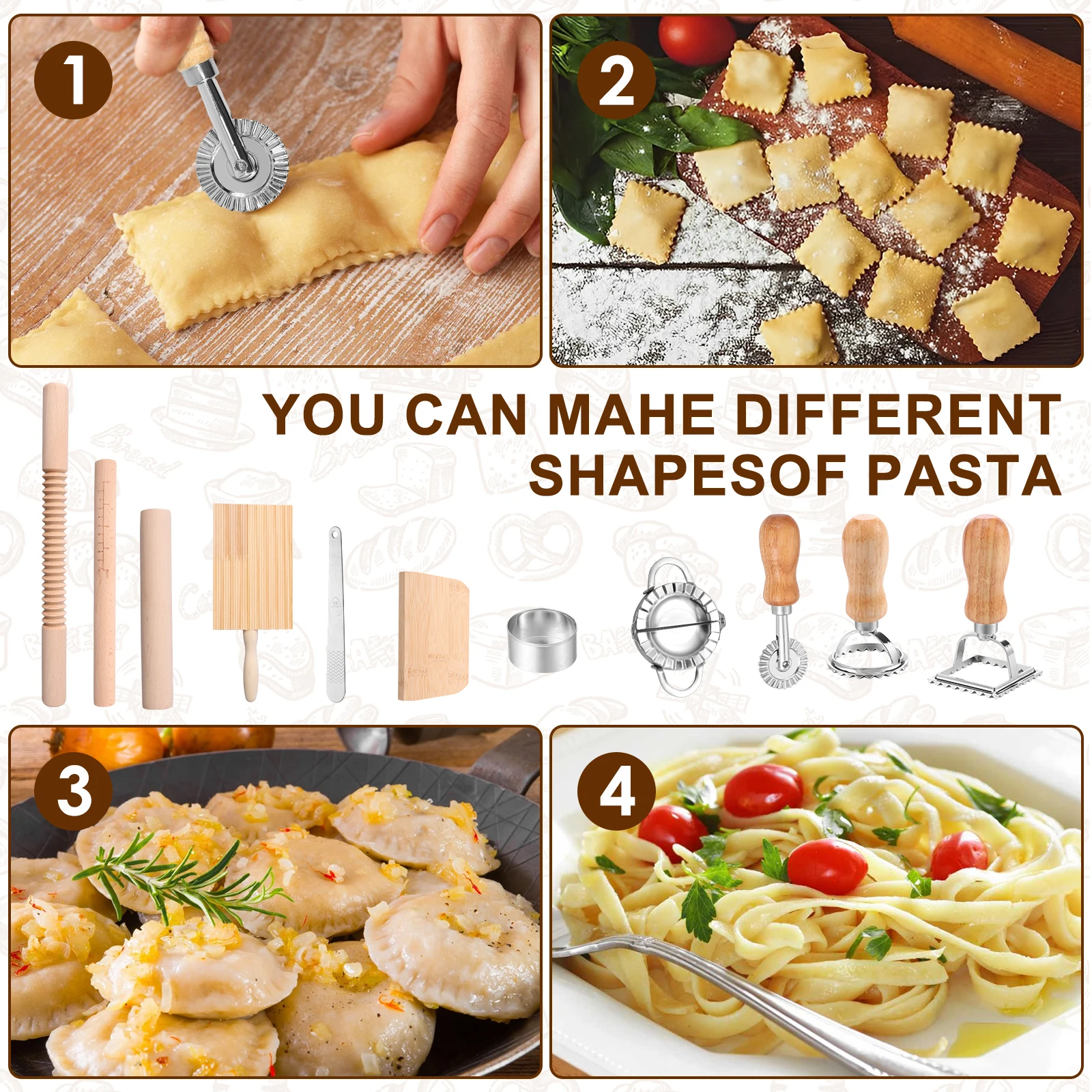 11Pcs Pasta Making Tools Kit Efficient Pasta Making Set Wooden Threaded Rolling Pin Gnocchi Board Dough Cutter Dumpling Maker