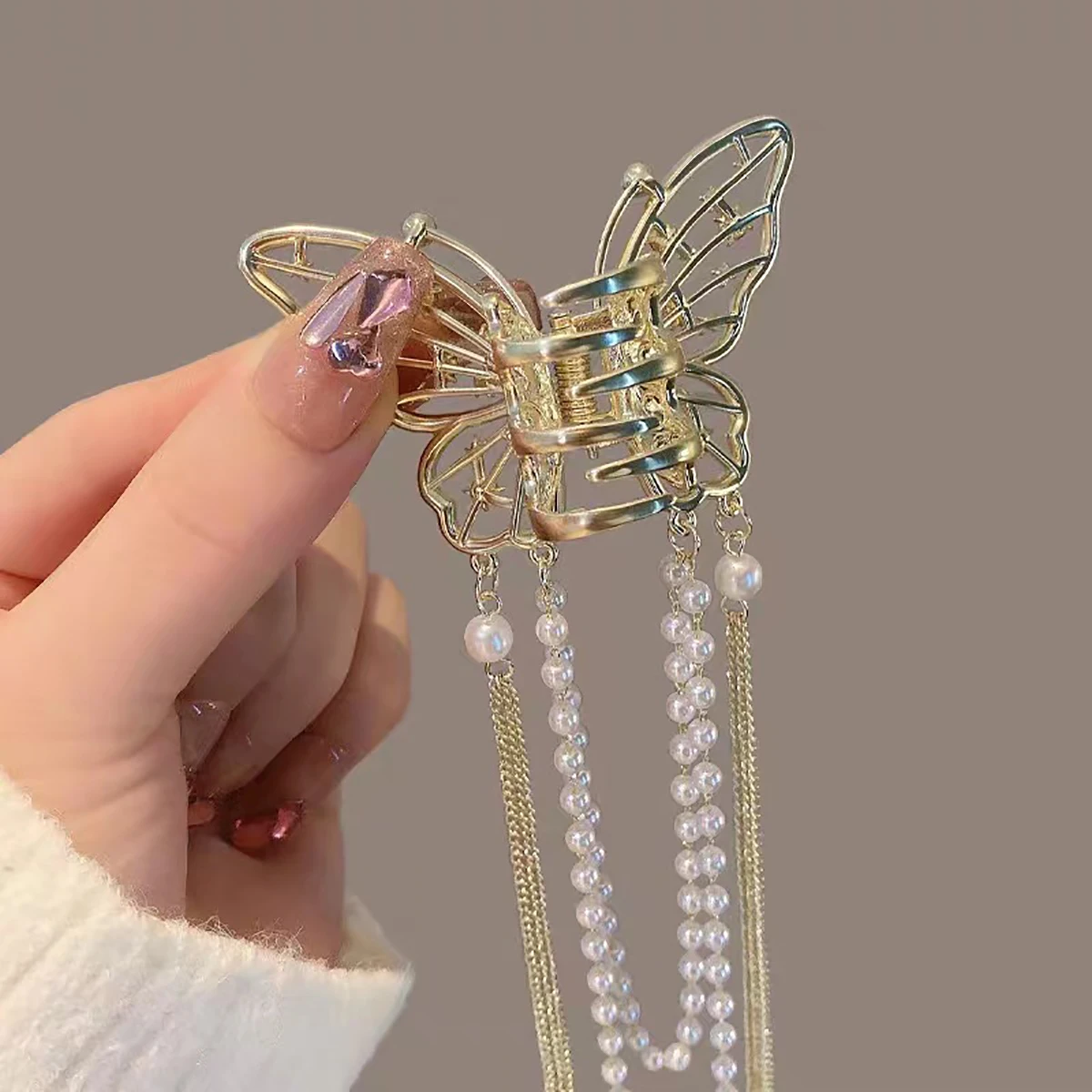 Hair Clip Super Fairy Butterfly Tassel Hollow Pearl Rhinestone Back Of The Head Shark Clip Temperament Headgear Gifts