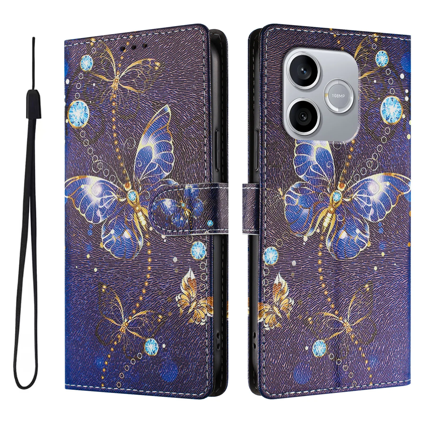 Patterned Leather Phone Case with Wallet Holder and Cat Design Flip Cover