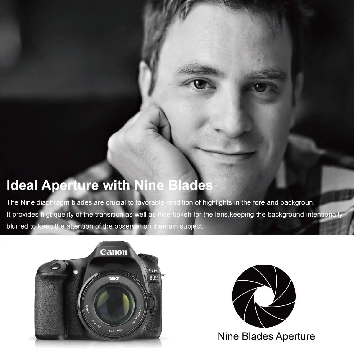 Meike 85mm F1.8 Full Frame Auto Focus Portrait Prime Lens for Canon EOS EF Mount Digital SLR Cameras 1300D 600D200D 6D 5D 450D 5