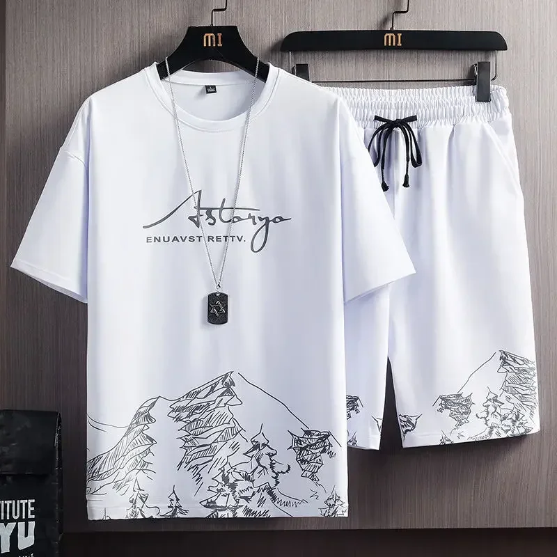thumbnail image 1 of Camisetas con estampado para correr, pantalones cortos, trajes para hombre, jogging, jogging, gimnasio, ropa deportiva, conjuntos gráficos para hombre, conjunto coreano de dos piezas, novedad en básic, 1 of 4