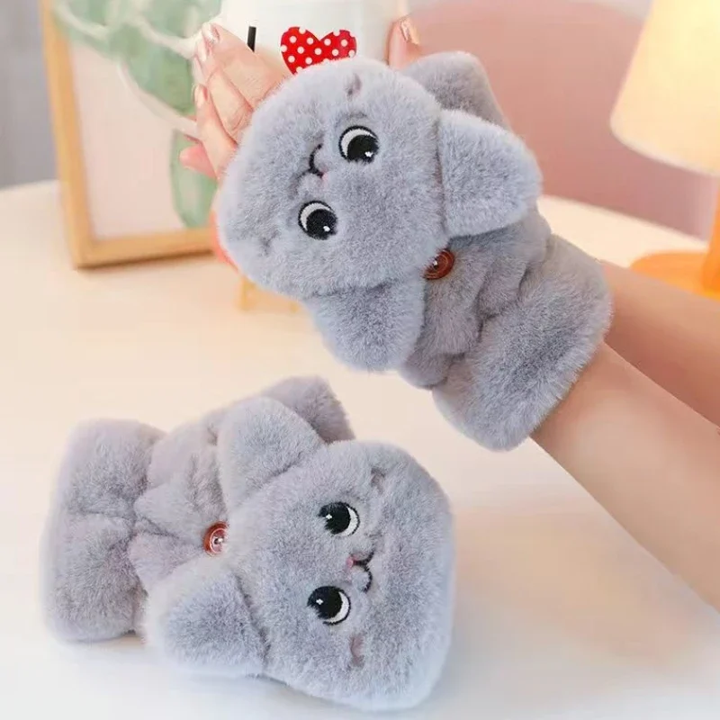 Lovely Plush Cat Mittens Fingerless Gloves Women Winter Warm Rabbit Fur Knit Mittens Flip Half Finger Gloves for Cycling Driving 6