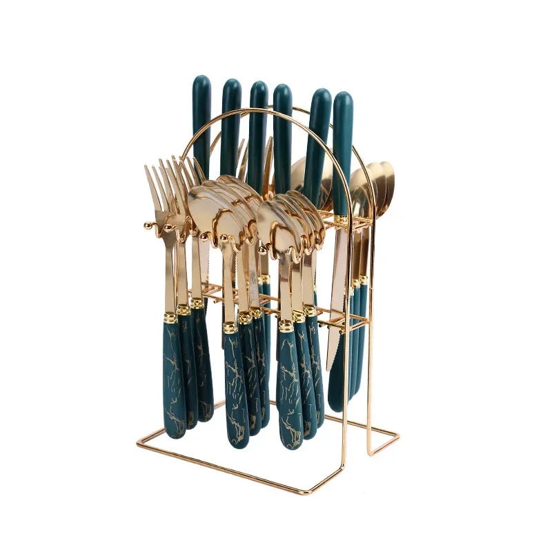 Amazon Cross-Border Marble 24-Piece Set Gift Box Dining Tableware Rack Plastic Handle Stainless Steel Knife Fork Spoon Nordic St