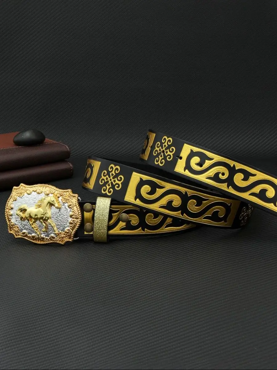 1-teiliger trendiger Herrengürtel im Street-Style, pferdeförmige Schnalle, Jugendgürtel, personalisierter vielseitiger Jea mit Retro-Print und goldenen Blumen – Detail 1