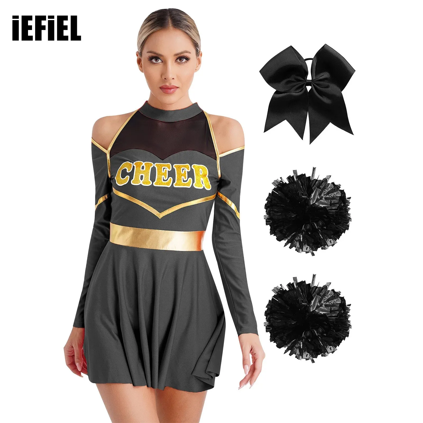 

Womens Cheerleading Costumes Outfits Youthful Cold Shoulders Cutout Dress Bowknot Hair Band And 2Pcs Flower Balls Outfits