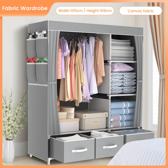Canvas Wardrobe, Pop up Fabric Wardrobes with hanging areas, 3 stacking compartments,4 Side Bag, storage underneath,for Bedroom