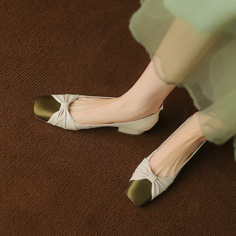 Elegant Women's High Heels Shoes Shallow Mix Color Square Toe Shallow Woman Pumps 2024 Spring Summer New Ladies Commuting Shoes