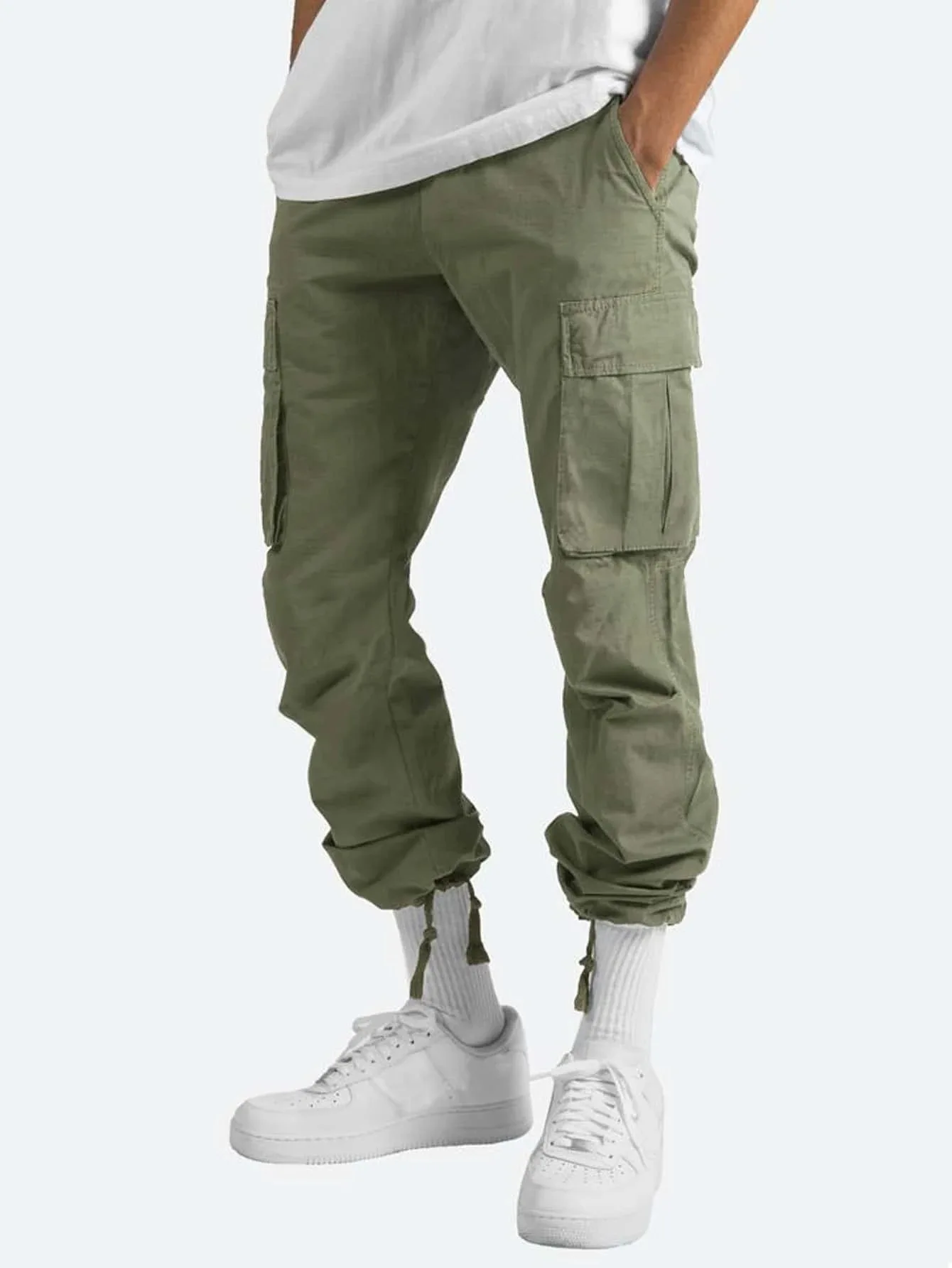 Description Picture 6 of item2024 Men's Cotton Loose Sports Trousers for Men Length Solid Color Loose Multi-pocket Drawstring Pockets Pants Male Cargo Pants