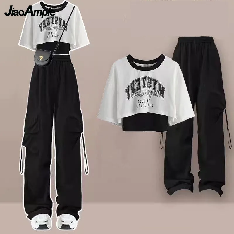Women's 2025 Summer New Tracksuit Matching Set Korean Elegant Loose Short Sleeved T-shirt+suspender+Cargo Pants Three Piece Suit 2