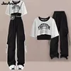 Women's 2025 Summer New Tracksuit Matching Set Korean Elegant Loose Short Sleeved T-shirt+suspender+Cargo Pants Three Piece Suit 2