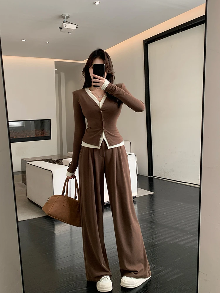 Autumn Casual Two-piece Pants Set Women Long Sleeves V-neck Single Breasted Top Wide Leg Pants Korean Fashion Outfits New