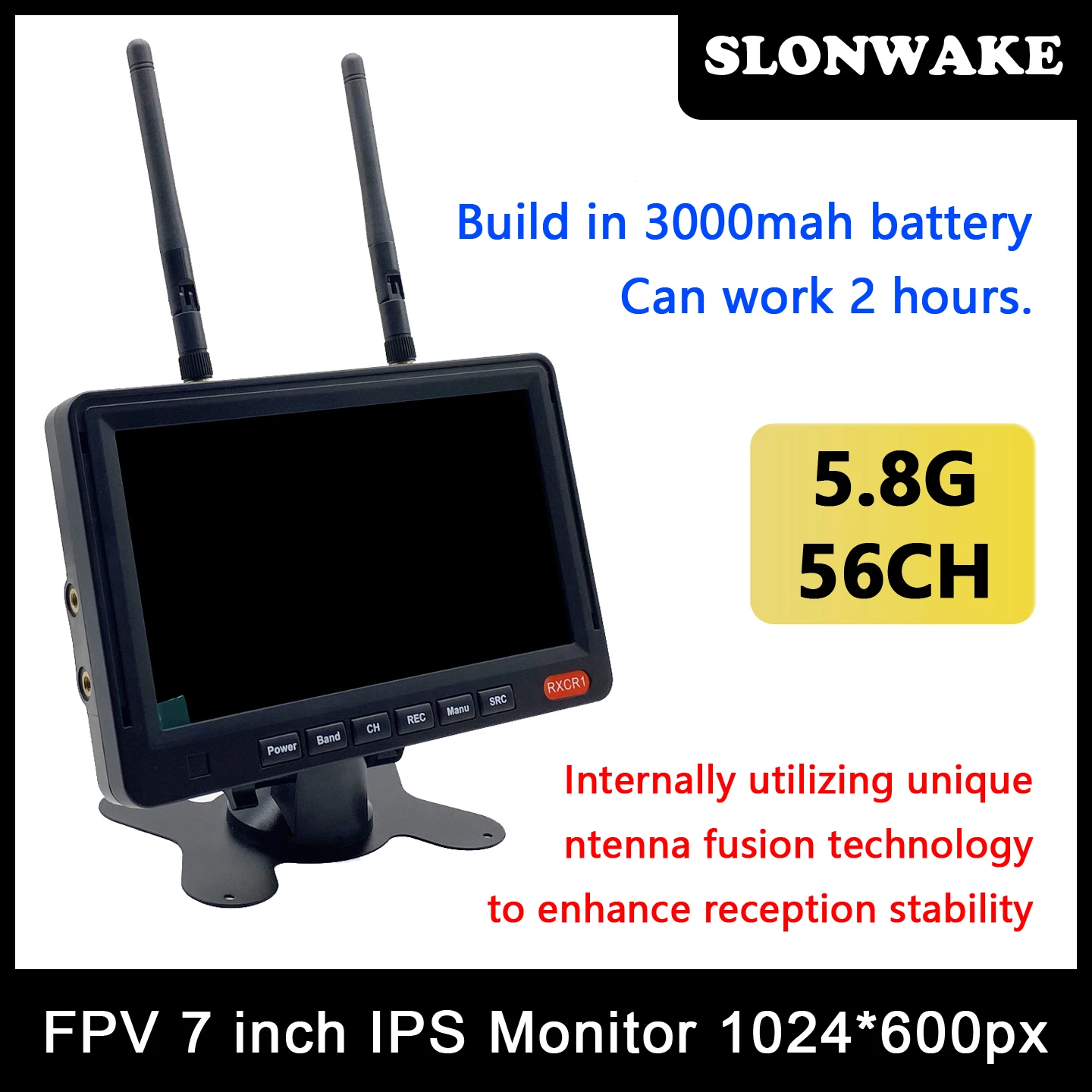 RXCR1 7" FPV moniteur avec batterie 3000mAh, récepteur 5.8G 56CH diversité, idéal pour drone FPV
