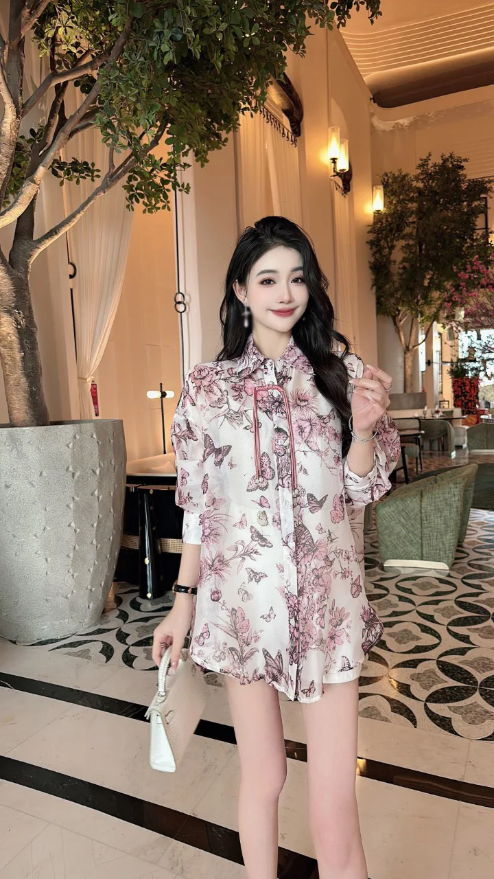 

2024 spring and summer new design lapel plate button ink painted silk cotton shirt
