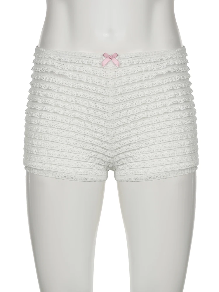 IAMSURE Casual Sweet Cute Bow Lace Shorts Vintage Sexy Slim Basic Low-Waisted Shorts Women 2024 Summer Fashion Streetwear Ladies