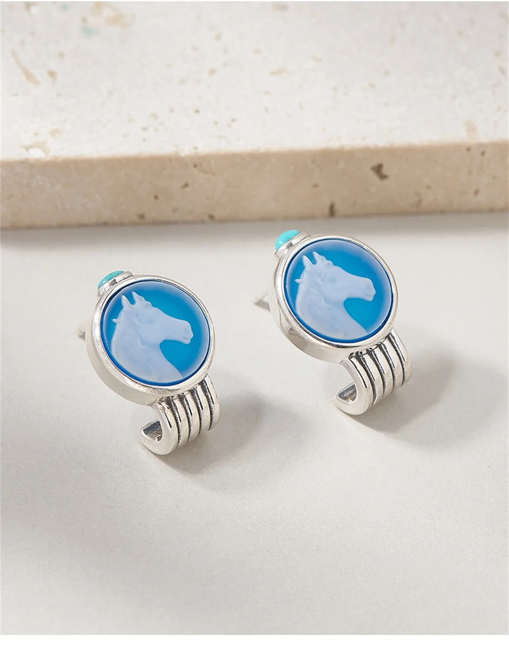 Silver Blue Agate Little White Horse Ear Studs