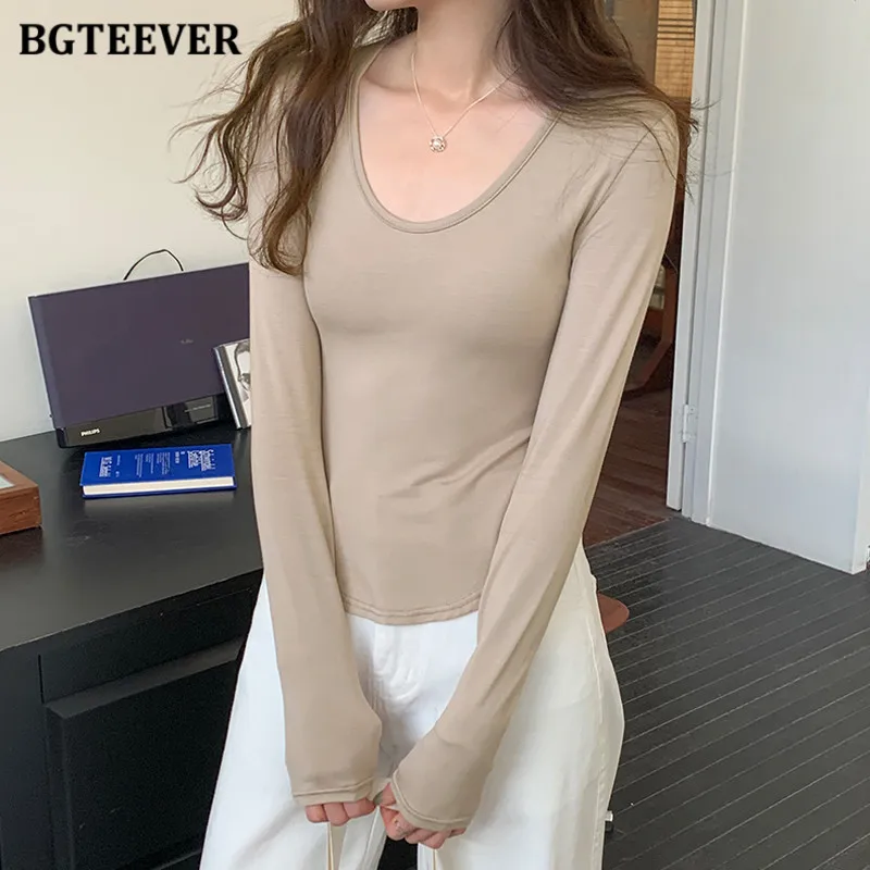 

Повседневные базовые женские хлопковые футболки BGTEEVER, весенние модные облегающие Топы с длинным рукавом и U-образным вырезом, женские футболки, тянущиеся женские топы
