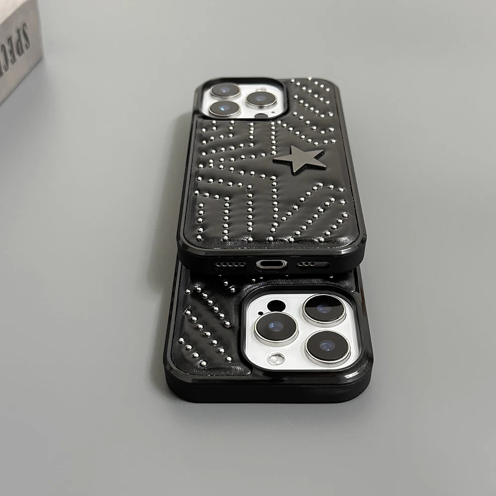 Fashion Silver Rivets Five-pointed Star Leather Shockproof Phone Cover Case for iPhone 17 16 15 14 Pro Max 13 Protective Case view 4