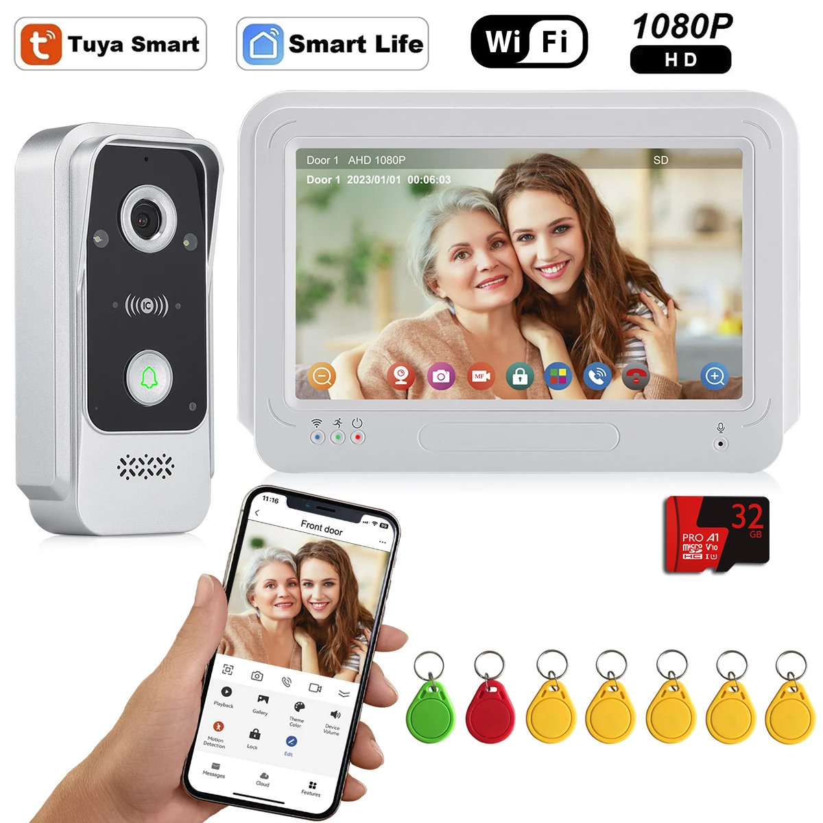 

Видеодомофон с Wi-Fi, камера дверного звонка 1080P с монитором, без ежемесячных сборов, проведение с помощью IC-карты, разблокировка через приложение Tuya