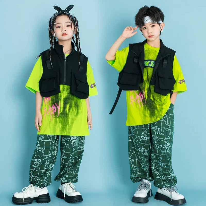 

New Kids Show Hip Hop Clothing Fluorescent Green T-shirt Jogging Overalls Vest Pants Summer Girls Boys Jazz Dance Costume 4-16Y
