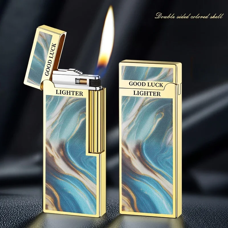 Metal Ultra Thin Double sided Pattern Open flame Butane Gas Lighter Side Pulley Ignition Portable Inflatable Lighters Smoking