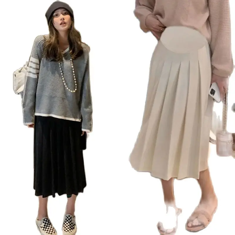 Autumn and Winter Maternity Woolen Skirts Preppy Style Long Loose Pregnant Women Pleated Skirt High Waist Pregnancy Full Skirt