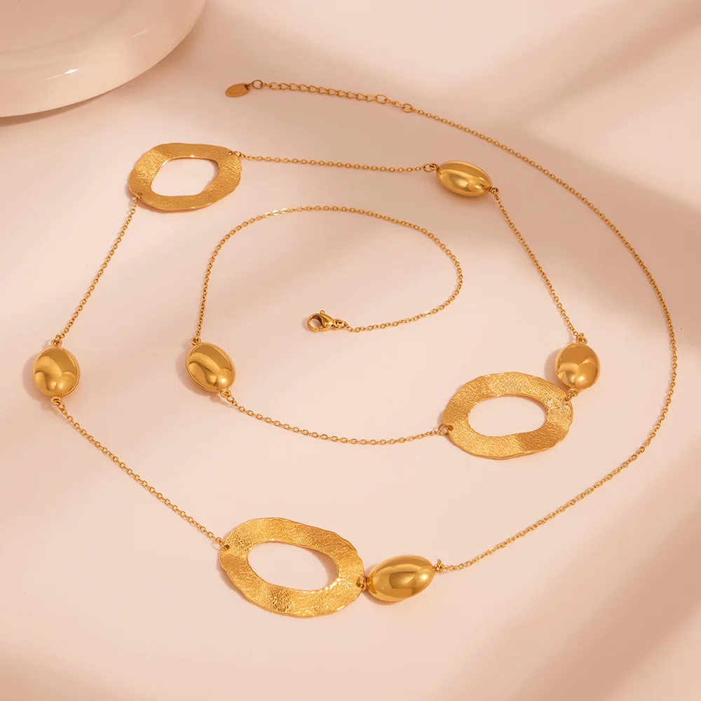 Lange Halskette aus vergoldetem 316-Edelstahl für Damen, 103 cm, goldene Kette, ovaler Anhänger, Schichtungsketten, Luxusschmuck – Detail 9