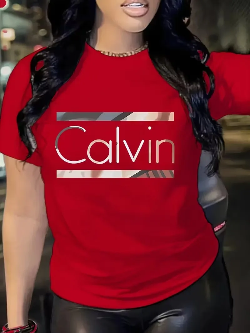 Gran oferta, moda de verano para mujer, camiseta informal con estampado de letras Calvin, ropa deportiva holgada de manga corta con cuello redondo, ropa y2k - Image 5