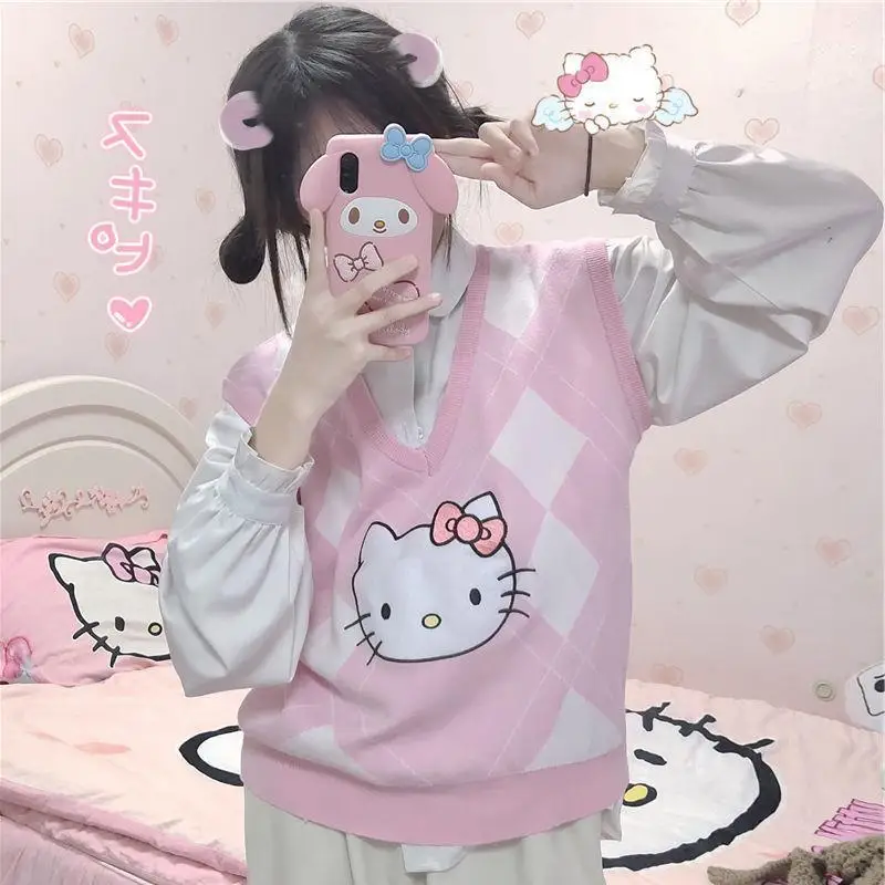 

Осенний вязаный свитер Hello Kitty Y2K, кавайная Женская куртка Sanrio в стиле преппи, милая Одежда для девочек в стиле аниме Харадзюку, зимняя внутренняя одежда
