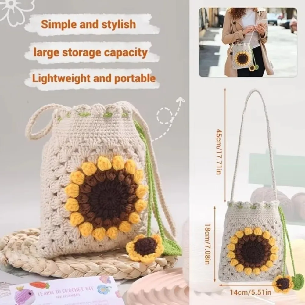 DIY 크로셰 크로스백 크로셰 얀 폴리에스터 해바라기 숄더백 니트 꽃 드로스트링 크로셰 키트 크로셰 애호가들을 위한