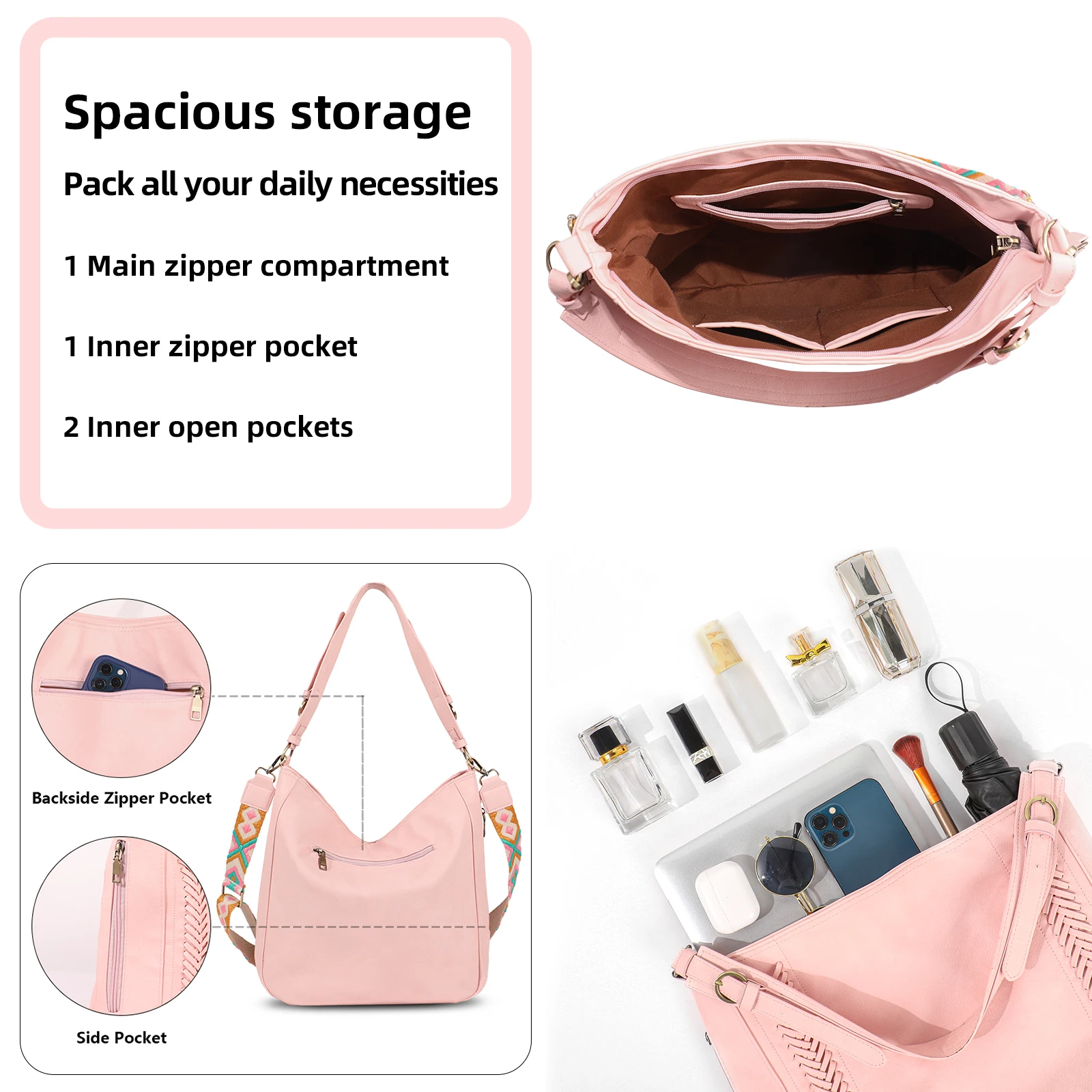 Women Hobo Bag Vegan Leather Whipstitch Crossbody Removable Guitar Strap Buckle Handle Purse Rustic Slouchy Satchel Shoulder