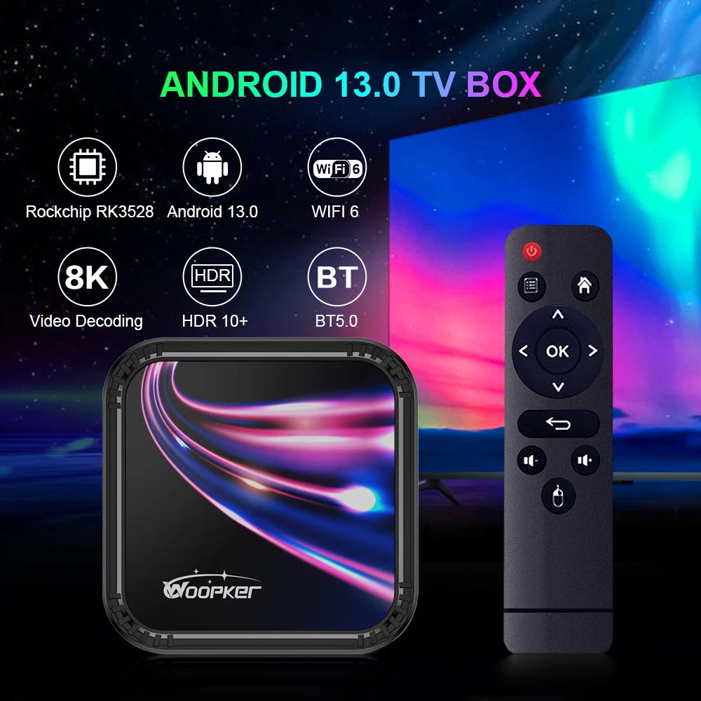 TV box smartTV pantalla negro control inteligente luz Android 13 8K RGB 4GB  Wifi 32gb usb
