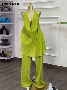 CM.YAYA Fashion Women's Set Deep V-neck Halter Top and Wide Leg Pants Suits 2025 Street Party Two 2 Piece Sets Outfits Tracksuit 1