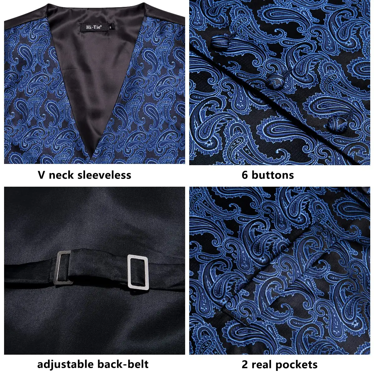 Hi-Tie 20 Color Silk Men's Vests and Tie Business Formal Dresses Slim Vest 4PC Hanky cufflinks for Suit Blue Paisley Waistcoat